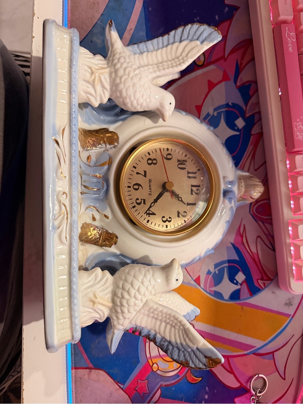 Decorative Dove Mantel Clock - White and Light Blue